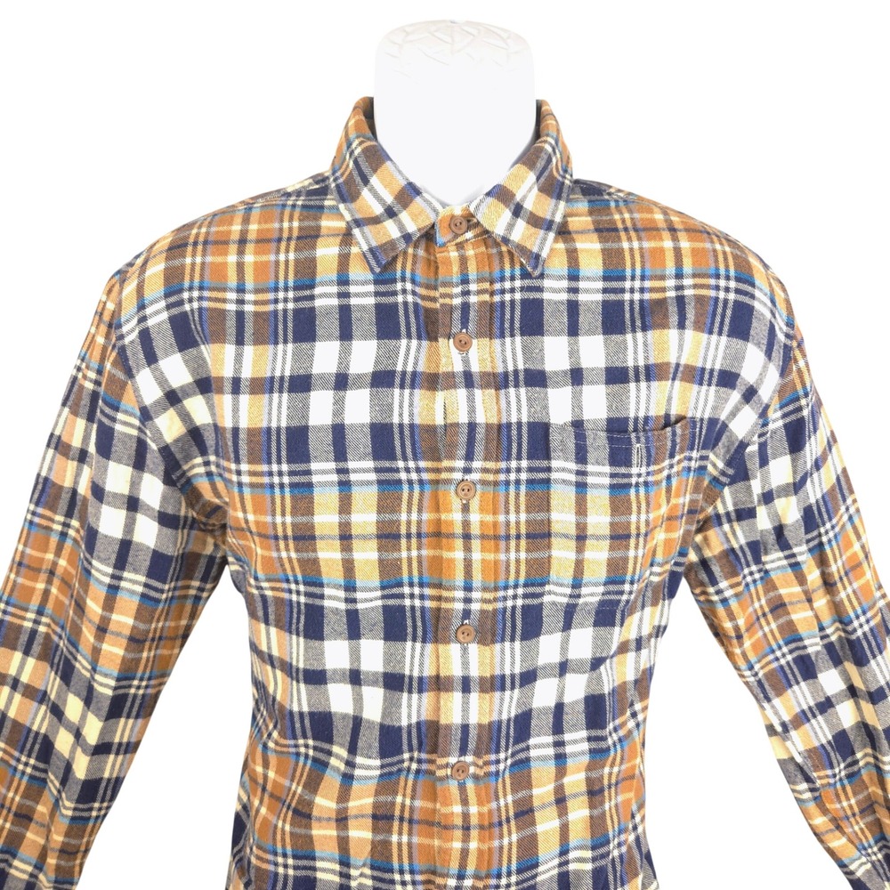 The Normal Brand Mens Plaid Flannel Shirt Mustard Navy Blue Size M Cotton